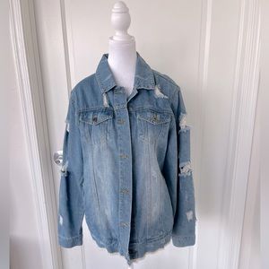 Style Between Us Denim Jean Women’s Jacket Graphic Distressed Size Medium